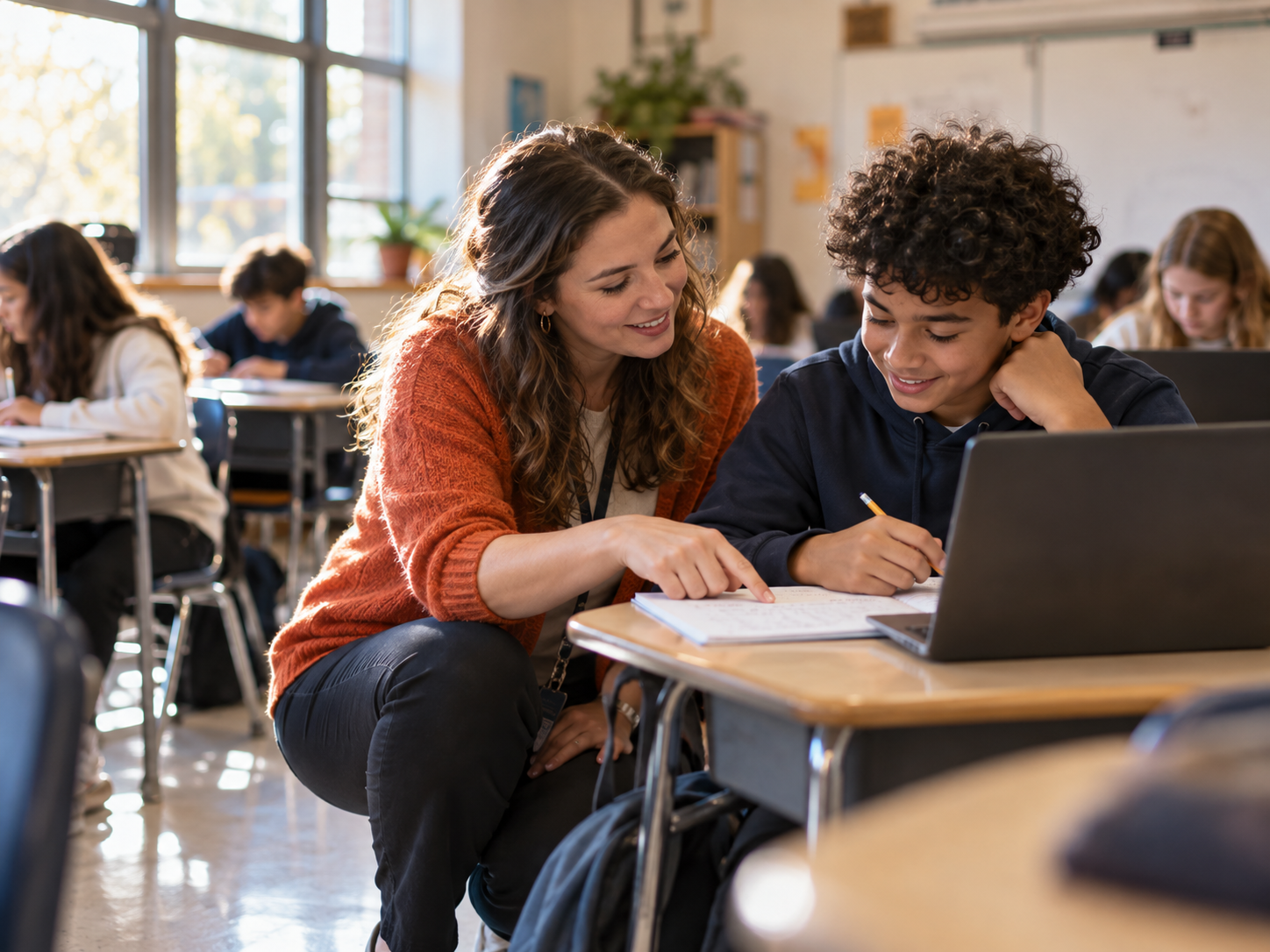 A math teacher working one-on-one with a secondary student in class