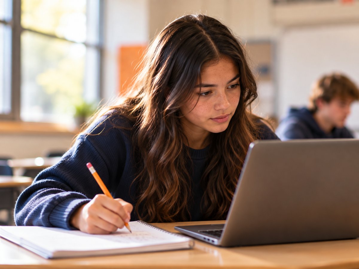A high school student working on math on a Chromebook in class