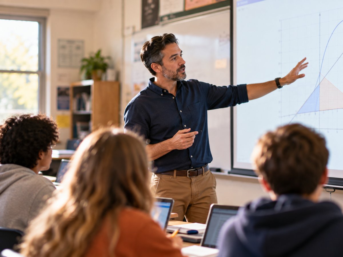 A secondary math teacher leading a lesson in class