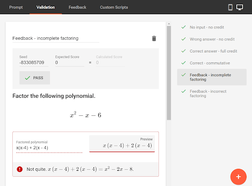 Validation Tab for a Test Item