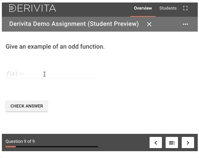 Derivita giving a student targeted feedback on a specific error in an odd function problem