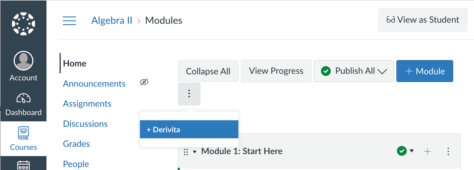 An LMS course home page with Derivita in the course navigation